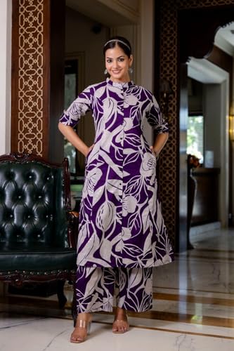 ANNI DESIGNER Womens Rayon Viscose Straight Printed Kurta with Palazzo (Diboli Begani_L_Begani_Large)