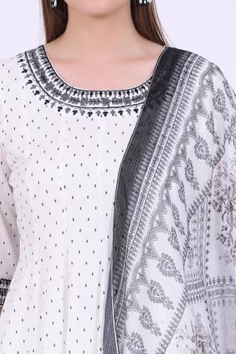 Aurelia Women'S White Yarn Dyed Pure Cotton Anarkali With Leggings & Dupatta Set