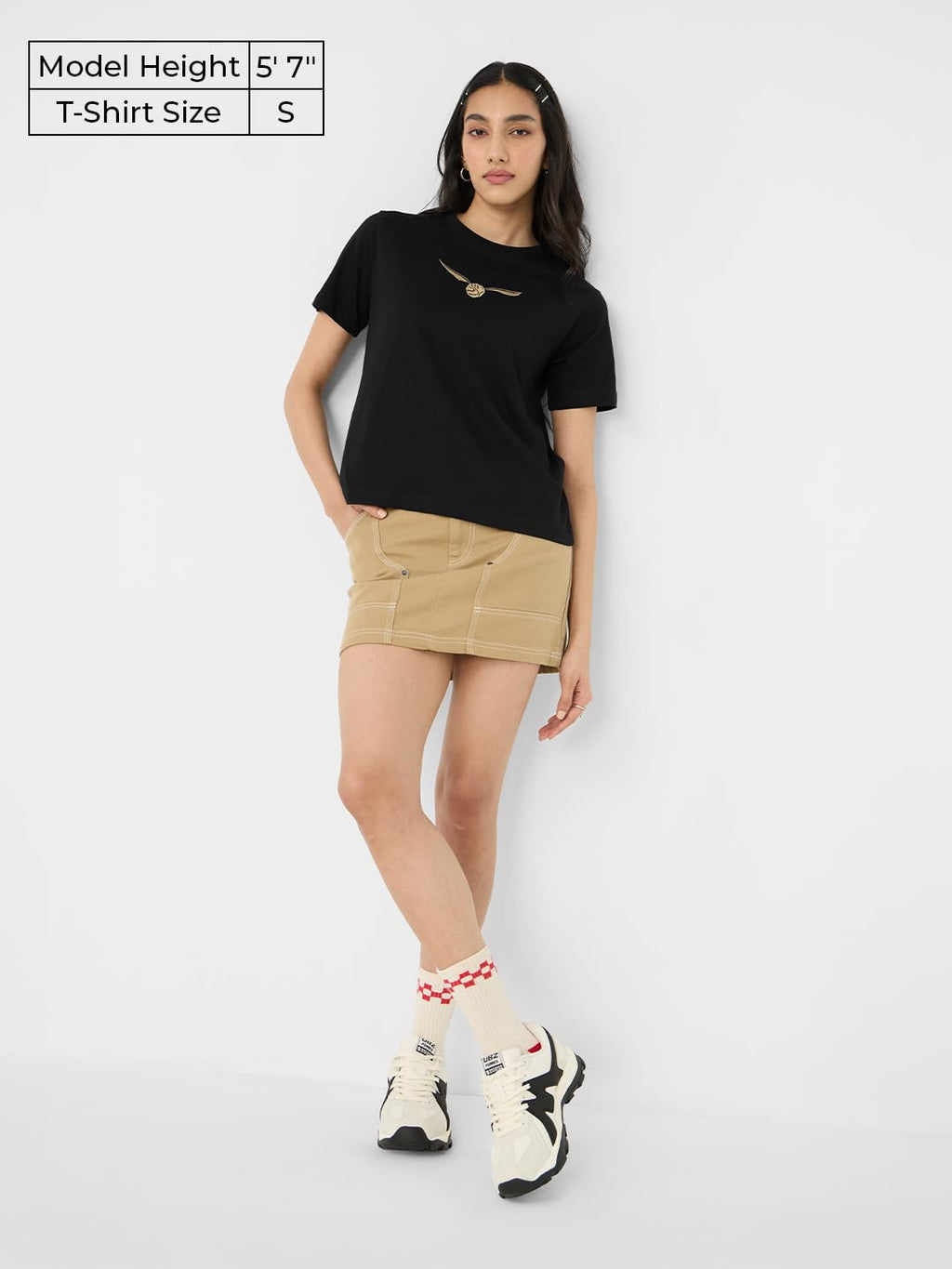 The Souled Store Harry Potter: Golden Snitch Women and Girls Short Sleeves Round Neck Black Embroidered Cotton Relaxed Fit T-Shi
