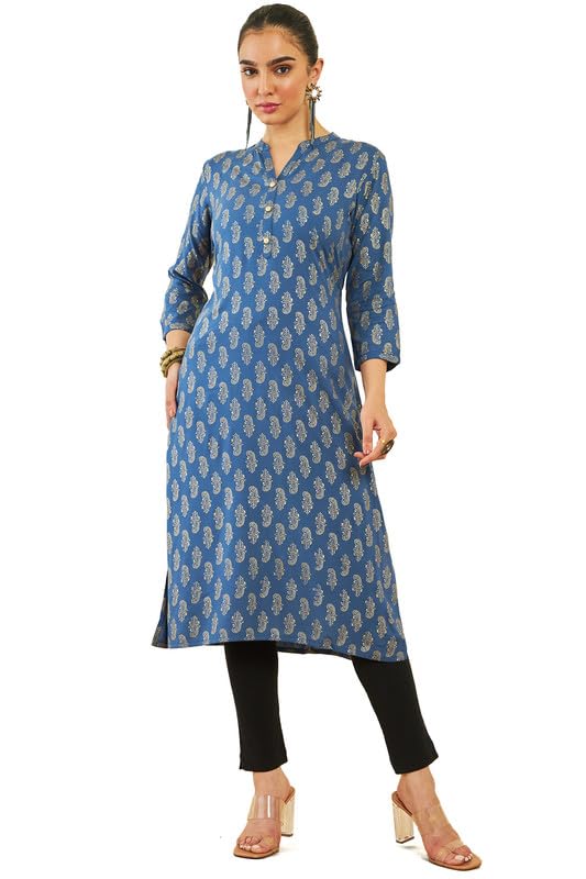Soch Women Rayon Paisley Foil Print Straight Kurta with Pocket