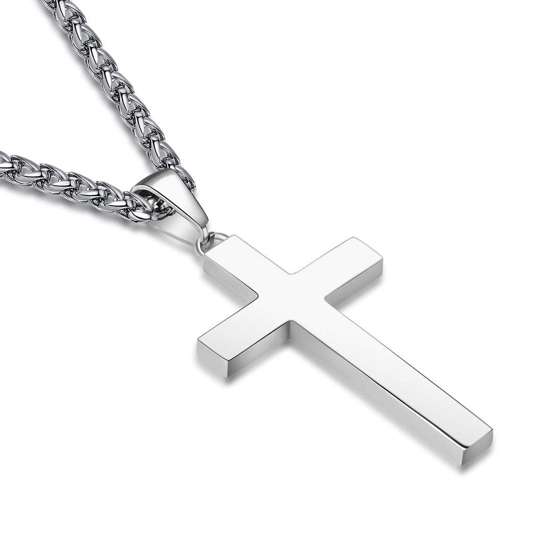 P. BLAKE Silver Cross Necklace for Men, Stainless Steel Cross Pendant Chain Christian Religious Jewelry Valentine Christmas Gift