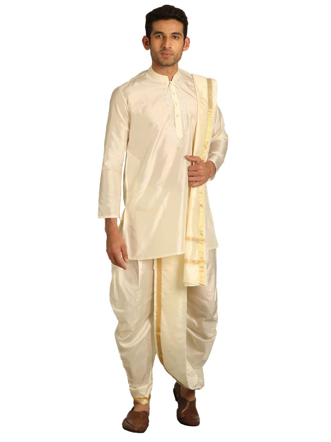 Manyavar MenS Solid Kurta And Dhoti Pant Set, Full Sleeves Mandarin Collar Silk Blend (Off White) (Xl)