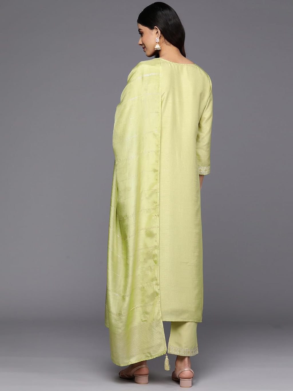 Libas Green Self Design Silk Blend Straight Kurta With Trousers & Dupatta