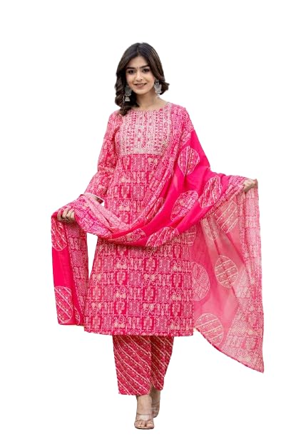 Varanga Women Pink Round Neck Embroidered Kurta Paired With Bottom And Printed Dupatta