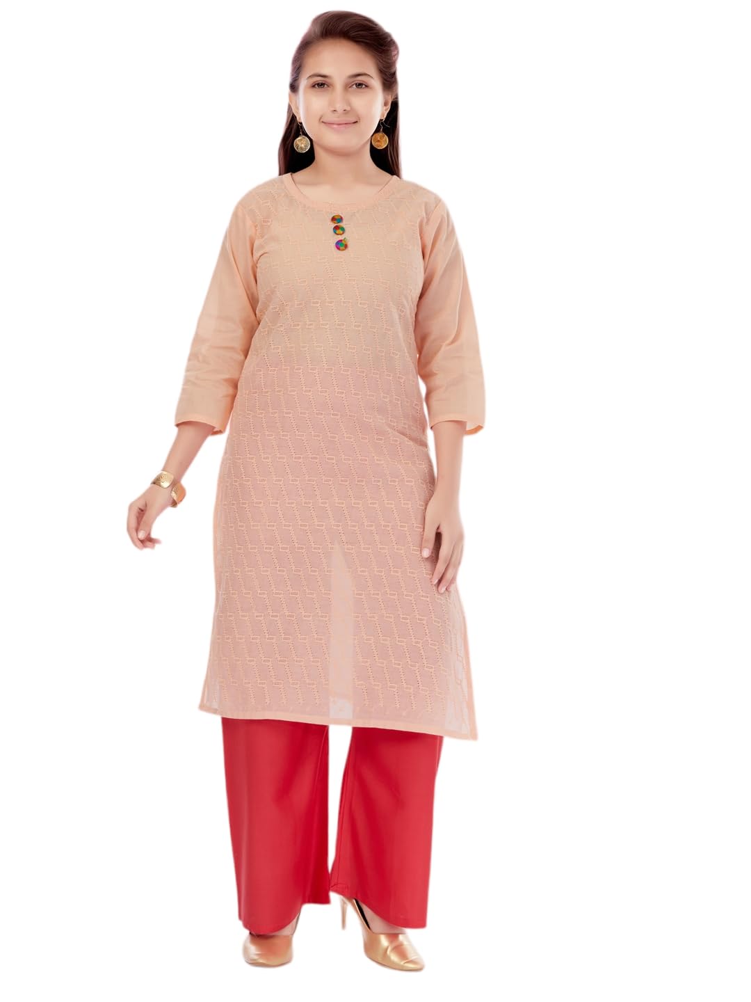 Aarika Girls Peach Colour Cotton Embroidery Kurti (Kurti-K-181-Peach-28)