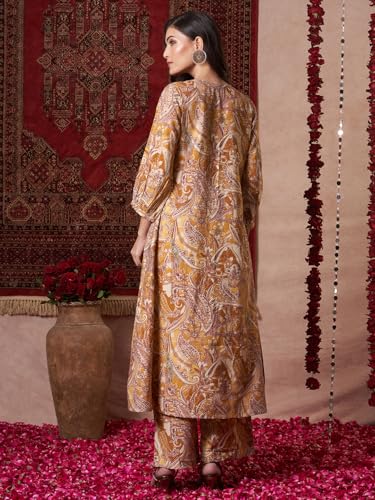ANNI DESIGNER Womens Rayon Blend Straight Printed Kurta with Pant (Marco Yellow_L_Yellow_Large)