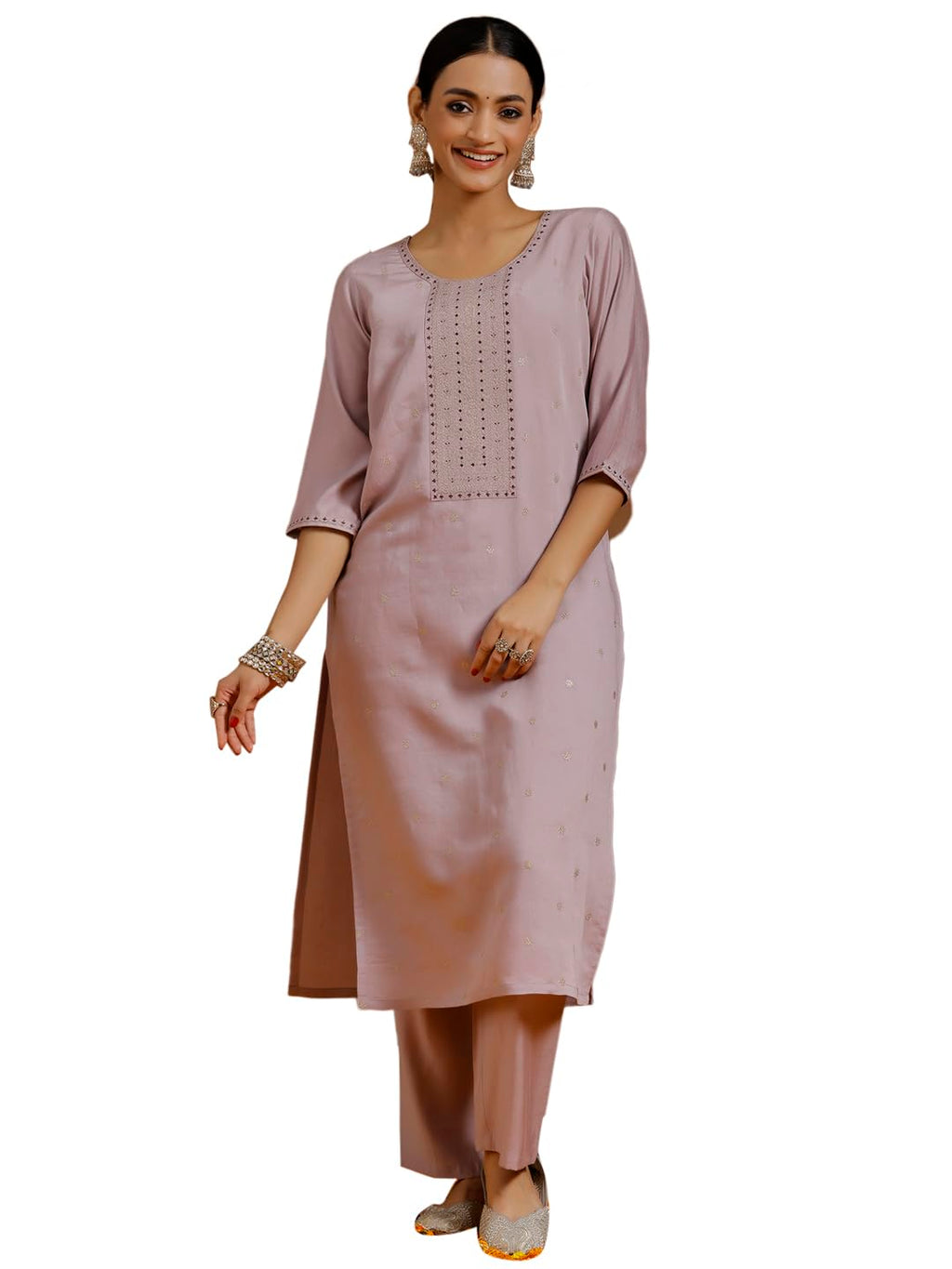 Libas Gerua Womens Embroidered Silk Blend Straight Kurta With Trousers Lavender