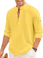 ROYALSCOUT Mens Regular Fit Solid Cotton Blend Straight Short Kurta | Full Sleeves Kurta Yellow