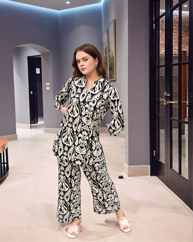 ANNI DESIGNER Womens Cotton Blend Mid thigh Printed Co-Ord Set (J111 Black Co-Ord-NV_L_Black_Large)