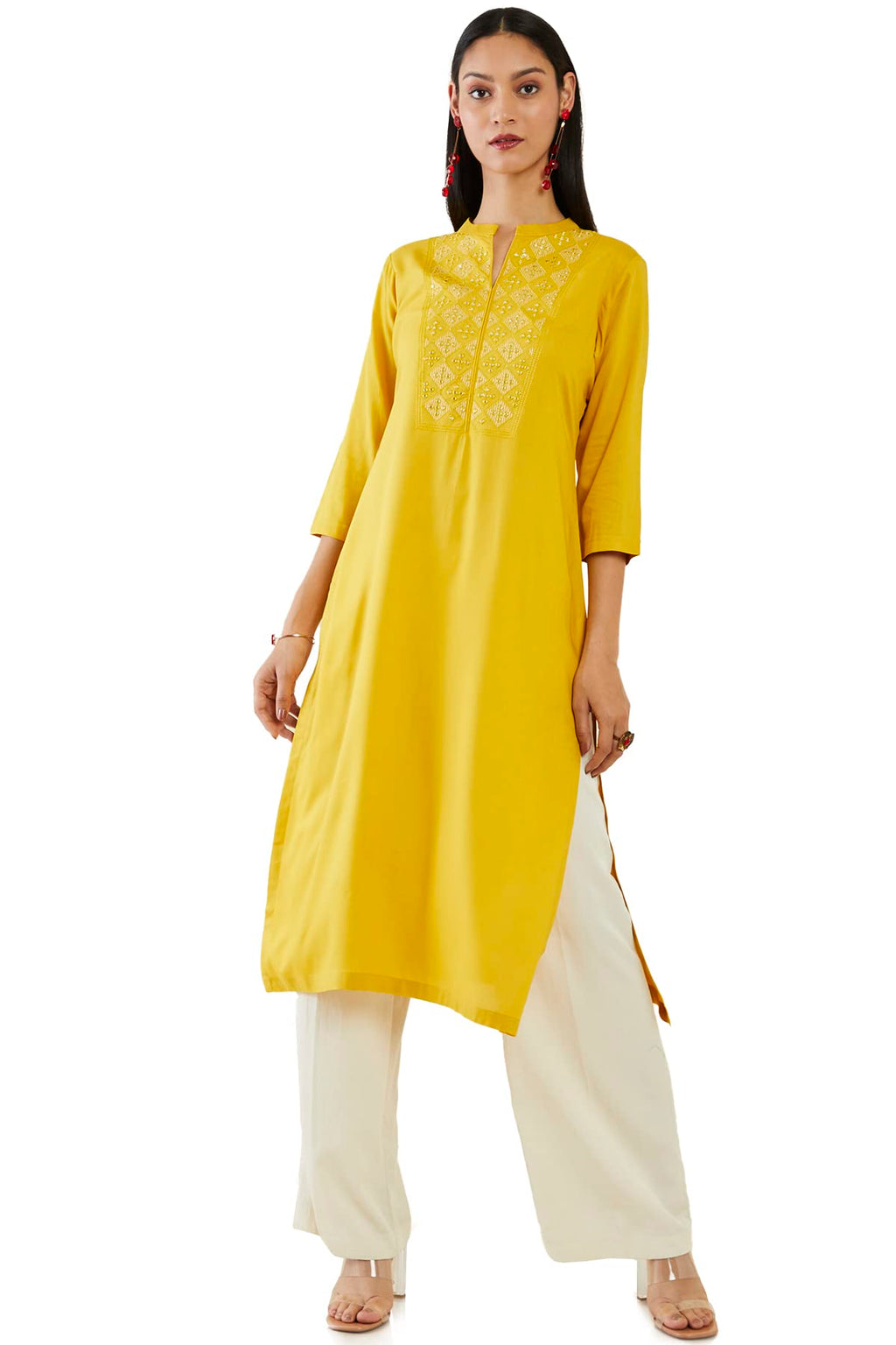 Soch Women Mustard Rayon Embroidered Kurta(Mustard_L)