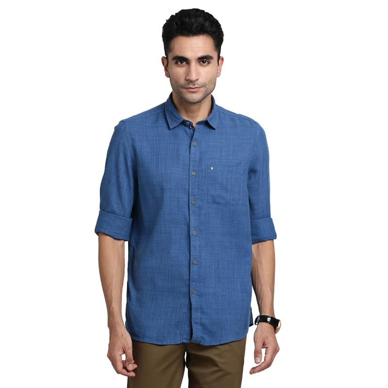 Turtle Men Cotton Lyocell Blue Solid Slim Fit Casual Shirts