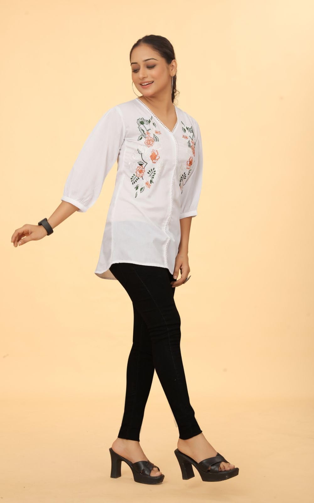 WomenS Embroidered V-Neck Tunic Top | Voscos Rayon 3/4 Balloon Sleeves Tunic For WomenS | Floral Design Casual Wear Top (In, A