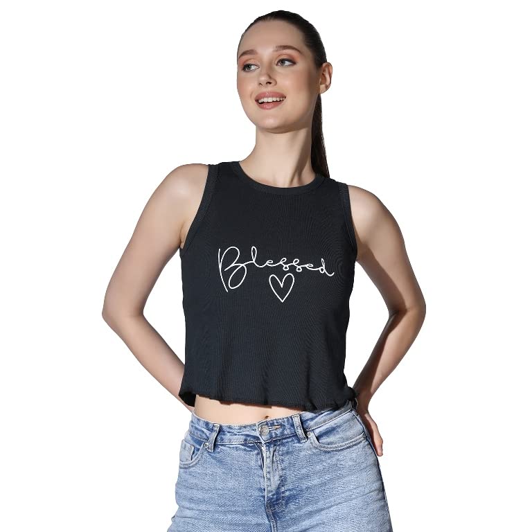 OM SAI LATEST CREATION Crop Tops for Women || Ribbed Solid Chest Printed Crop Top for Girls || Text & Hart Print with Round Neck