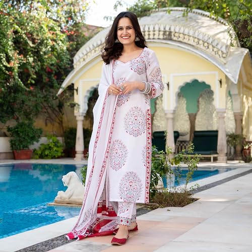 ANNI DESIGNER Womens Cotton Blend Printed Straight Kurta with Pant & Dupatta Pack of 2 (Combo-Mukhi Pink-Cup-Off White_L_Multi_