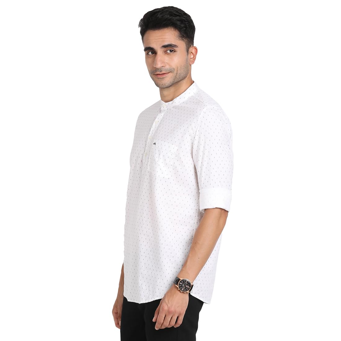 Turtle Men 100% Cotton White Printed Slim Fit Casual Kurta Shirt