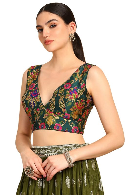 Soch Womens Green Floral Plunge Neck Silk Blend Padded Blouse