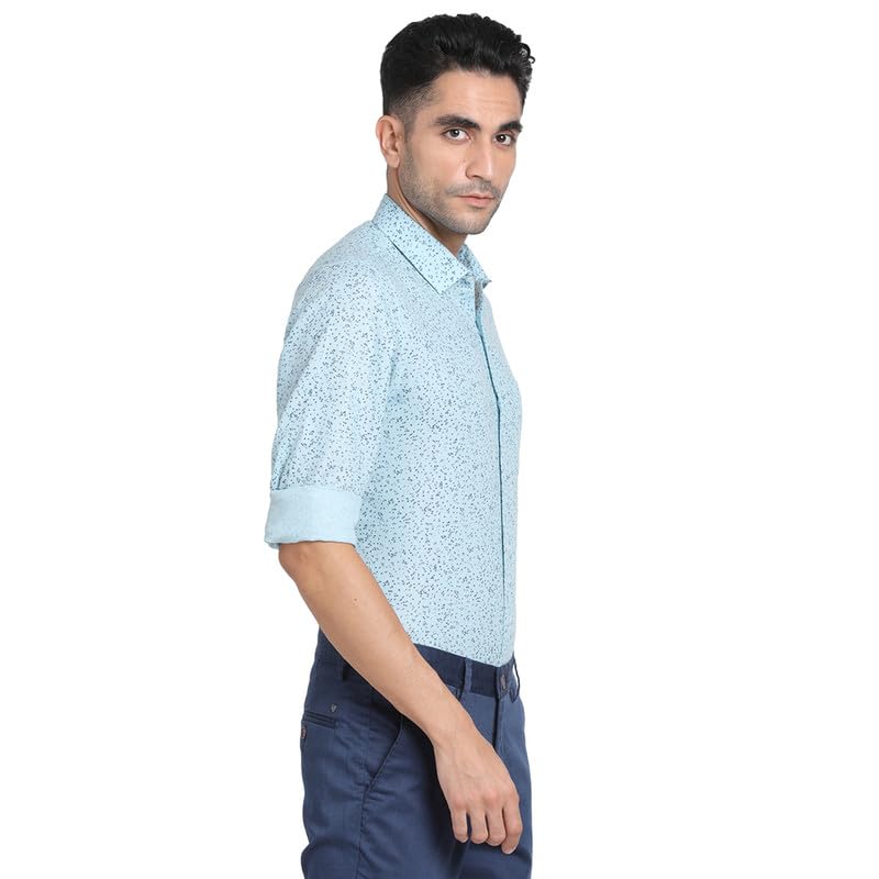 Turtle Men Cotton Linen Sky Blue Printed Slim Fit Full Sleeve Formal Shirt
