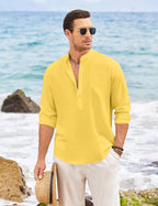 Macsivo MenS Casual Cotton Polyester Blend Long Sleeve Henley Short Kurta | Lightweight Summer Kurta Yellow