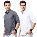 Tee Projekt Cotton Shirt for Men ll Front Pocket Shirt ll Stylish Long Sleeve Shirt ll Soild Regular Fit (Pack of 2) Grey-White