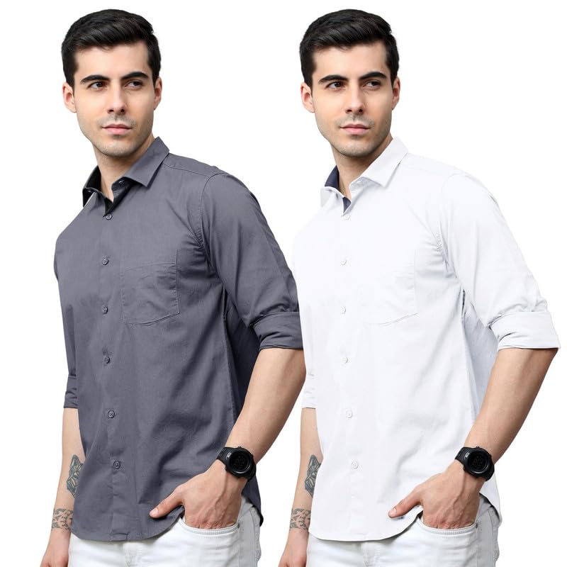 Tee Projekt Cotton Shirt for Men ll Front Pocket Shirt ll Stylish Long Sleeve Shirt ll Soild Regular Fit (Pack of 2) Grey-White
