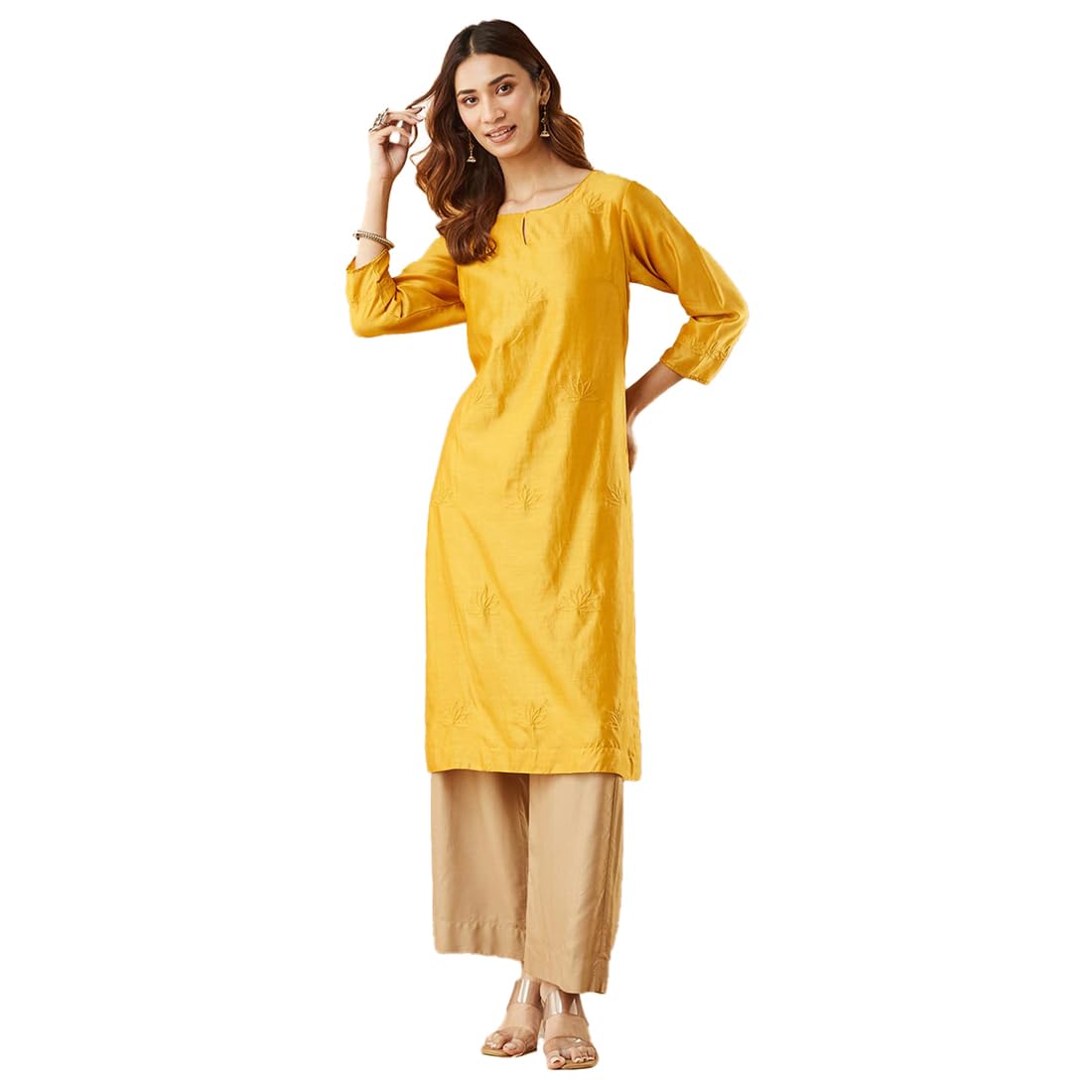Fabindia Yellow Cotton Silk Solid Long Kurta