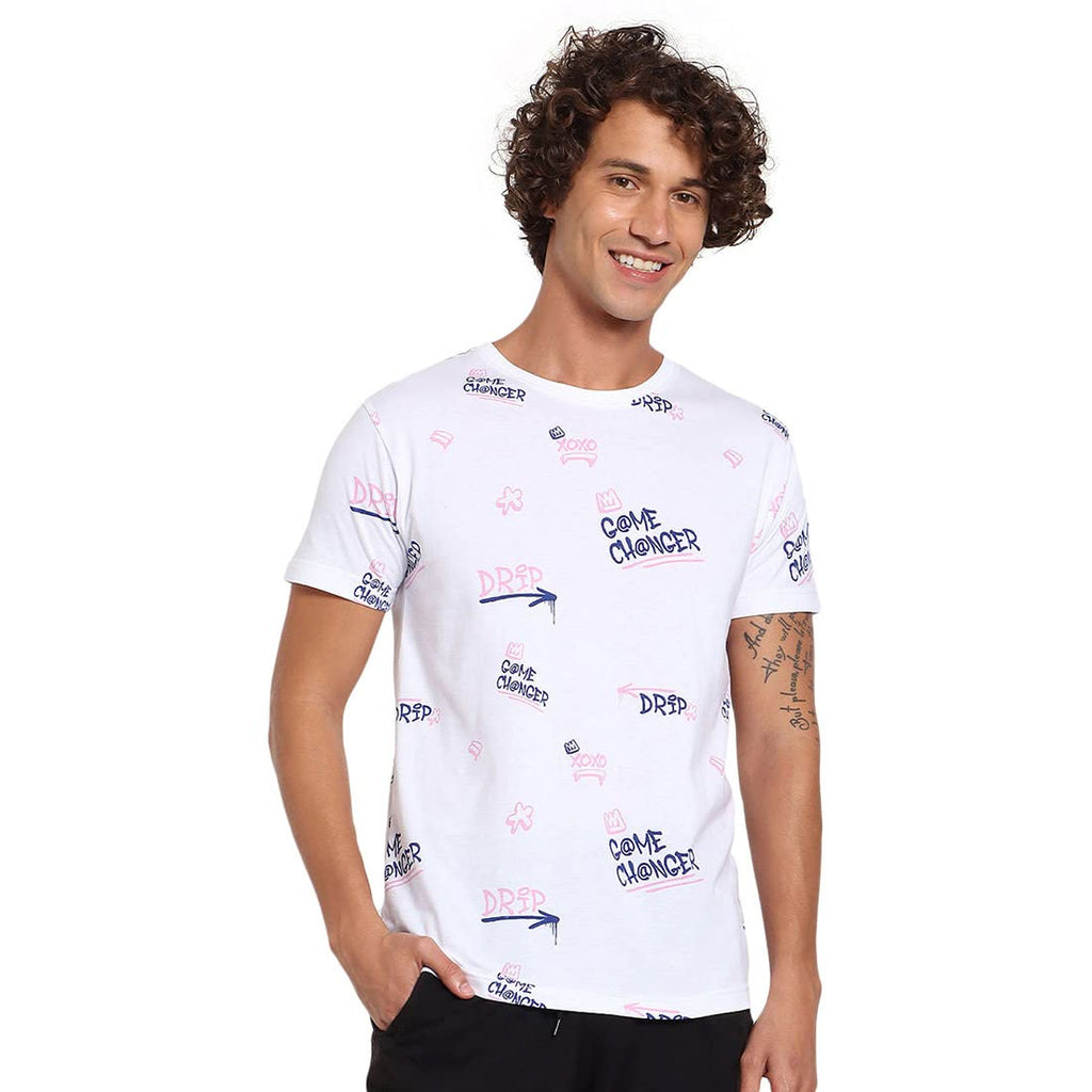 Bewakoof Mens All Over Printed 100% Cotton T-Shirt - Regular Fit, Round Neck, Half Sleeves White