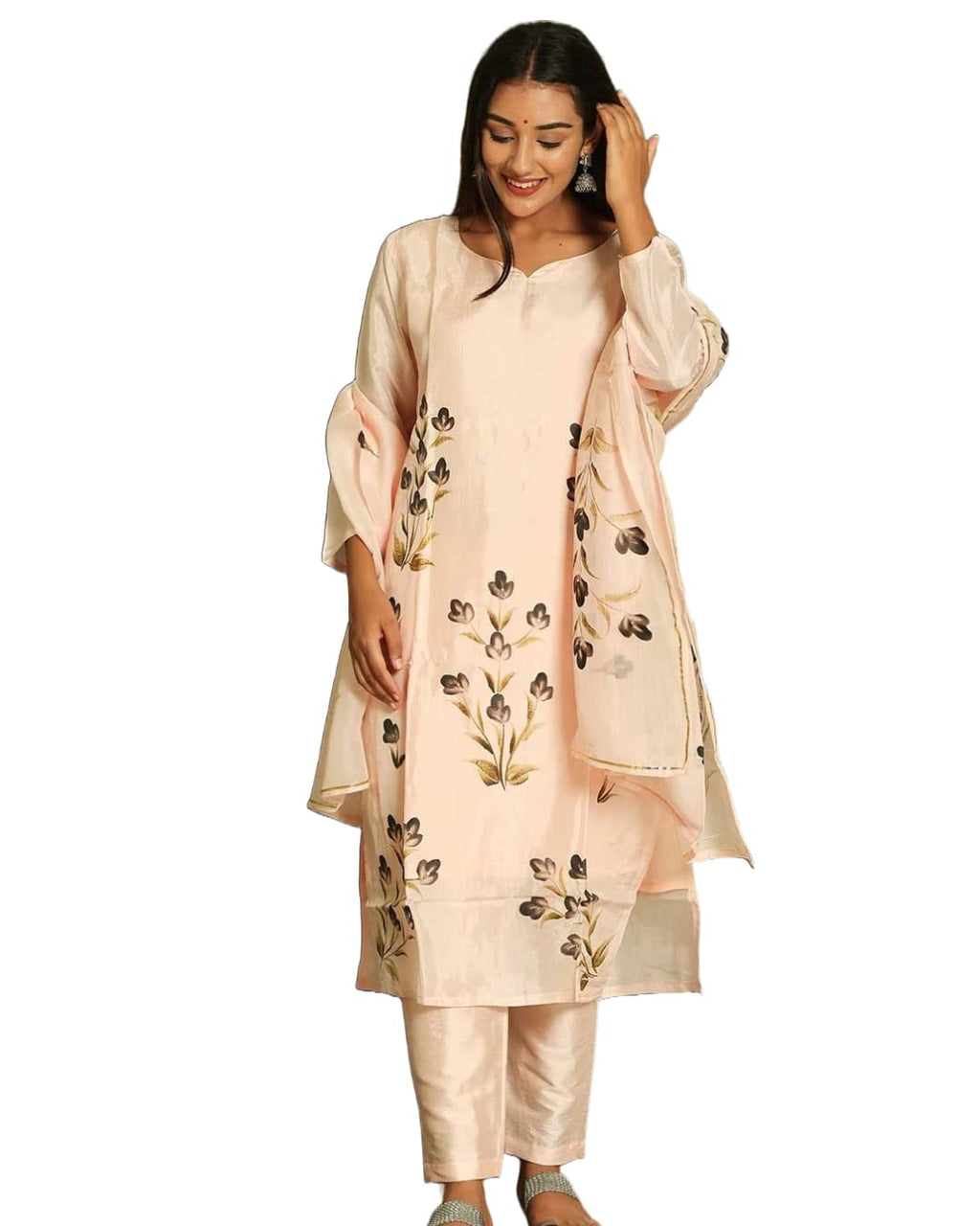 Gosriki Women'S Cotton Blend Straight Printed Kurta With Pant & Dupatta (Bursh-Peach-Nw-Gs_5Xl_Peach_Xxxxx-Large)