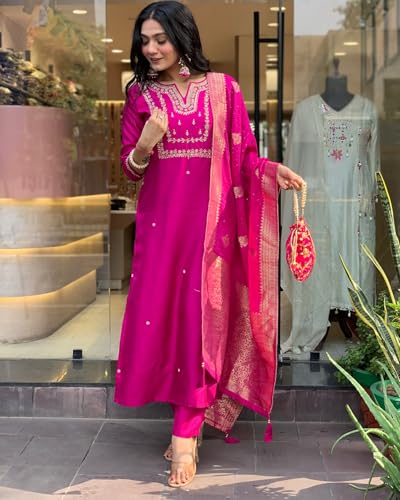 ANNI DESIGNER Womens Rayon Blend Straight Embroidered Kurta with Pant & Dupatta (Kosapet Pink_L_Pink_Large)