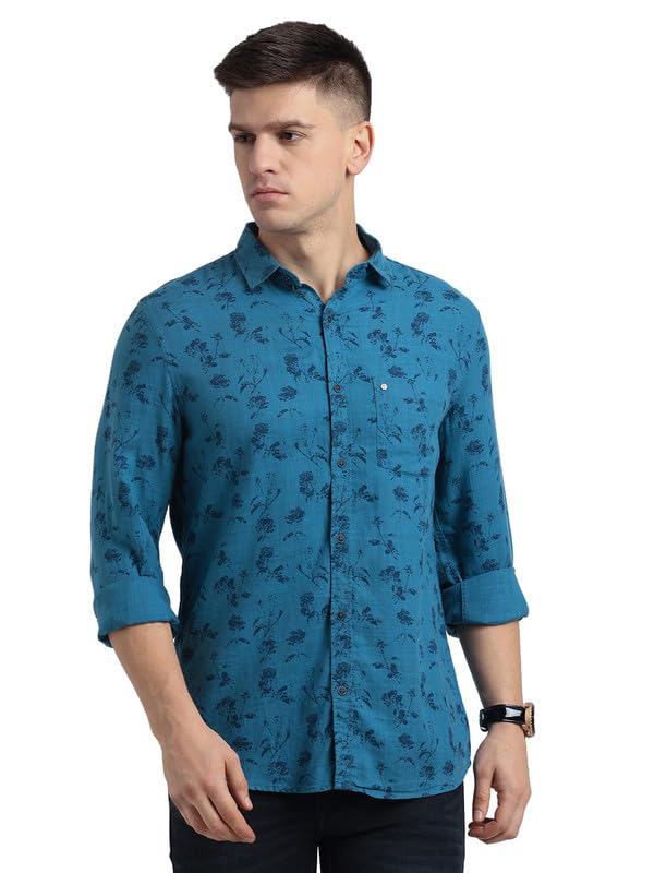 Turtle Men Cotton Lyocell Slim Fit Blue Printed Full Sleeve Casual Shirt