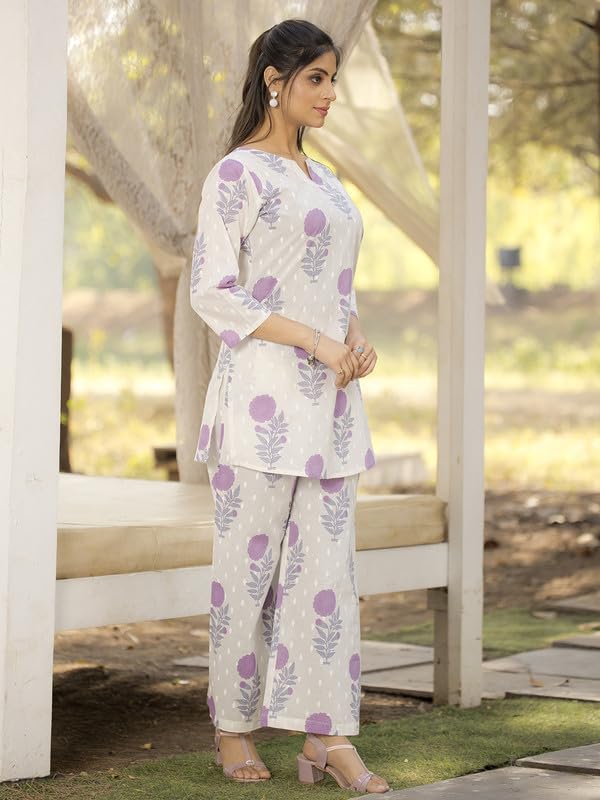 Pinkmint WomenS Pure Cotton Co Ord Set L Flower Printed Co Ord Set L Stylish Pocket & 3/4 Sleeve Women Co-Ord Set