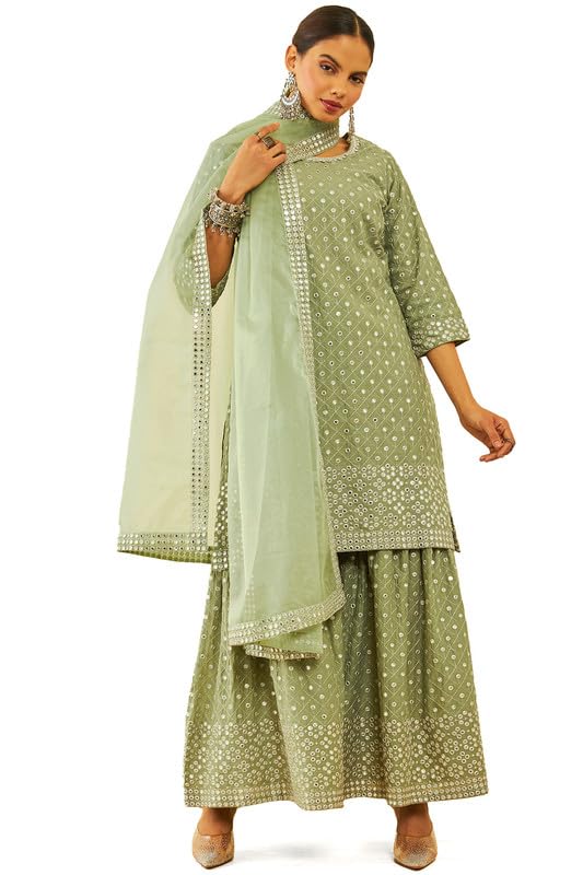 Soch Women Cotton Faux Mirror Embellished Sharara Suit Set with Dupatta