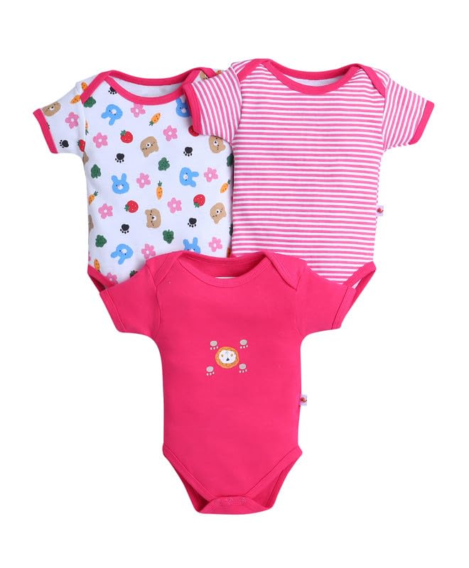 Bumzee Baby Girls Cotton Half Sleeves Bodysuit/Onesie/Leotard Pink & White - 6-9 Months (Peb10569D-Pnk)