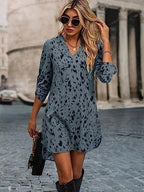 Greciilooks Western Dress For Women| Leopard Printed Rayon Western Dress| V Neck Low Hem Tunic Dress| Rolled Long Sleeve Western