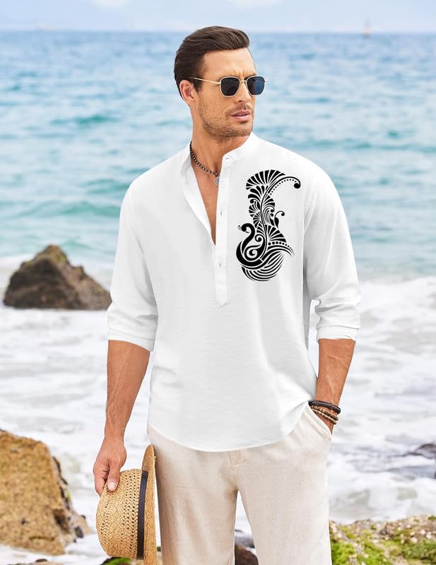 Finivo Fashion MenS Printed Cotton Blend Short Kurta With Artistic Chest Design | Stylish Full Sleeve Casual Kurta With Mandarin