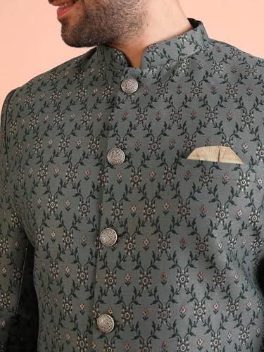 Kisah MenS Ethnic Wear Silk Blend Printed Regular Fit Grey- Beige Indo-Western Sherwani Set Indo-Western