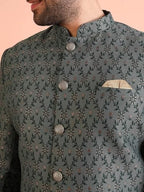 Kisah MenS Ethnic Wear Silk Blend Printed Regular Fit Grey- Beige Indo-Western Sherwani Set Indo-Western