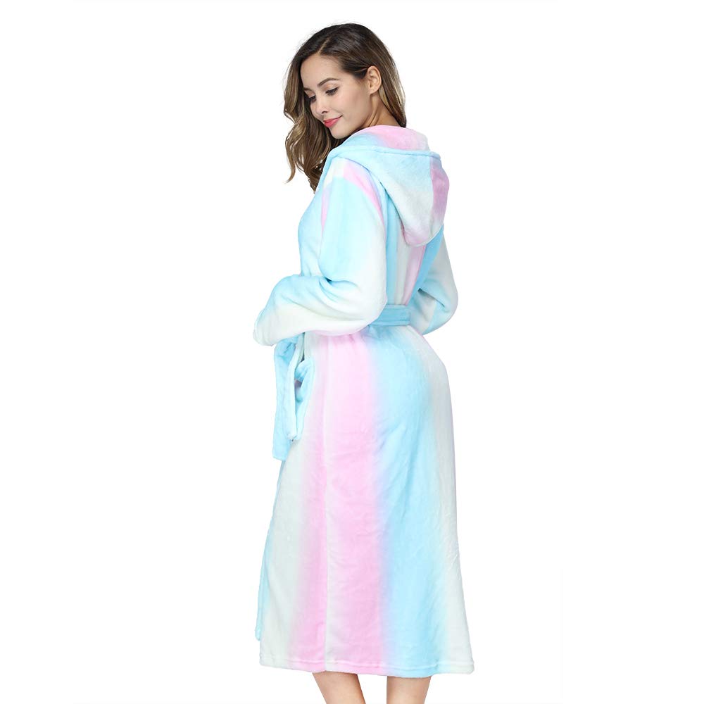 RONGTAI Womens Robes Plush Fleece Print Rainbow Hooded Bathrobe Thick Nightgown with Pockets Fluffy Sleepwear Large