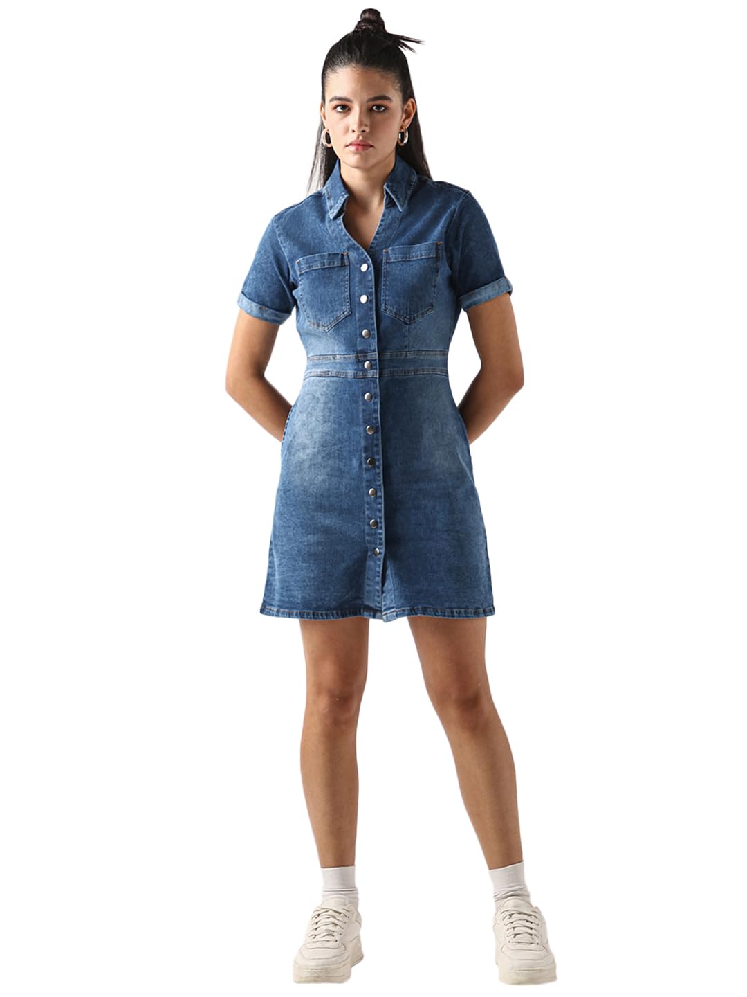 Bewakoof WomenS Solid Regular Fit Half Sleeve Collar Cotton-Elastane Shirt Dress_646276_Blue_2Xl