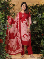 Varanga Bold Floral Printed V Neck Embroidered Kurta With Trouser & Dupatta