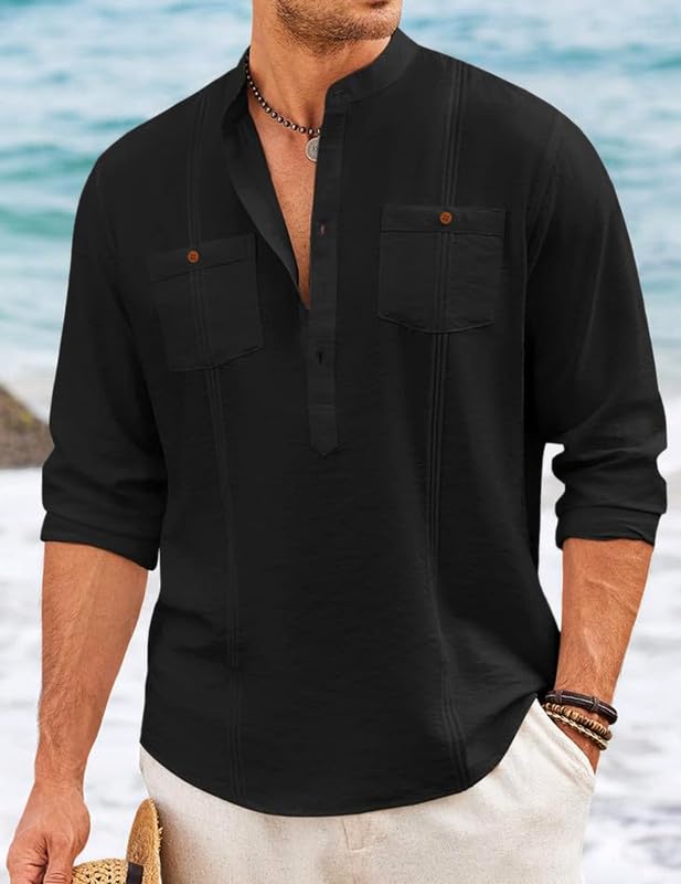 Macsivo Cotton Blend Solid Casual Short Kurta For Men Long Sleeve Mandarin Collar Stylish Shirt Kurta For Men Black