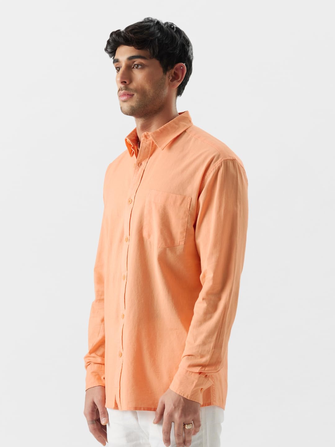 The Souled Store Linen: Peach Cotton Linen Shirts Shirts Casual Button-Down Half Sleeve Printed Graphic Short Sleeve Casual Work