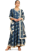 Soch Womens Blue Botanical Print Angrakha Cotton Suit Set