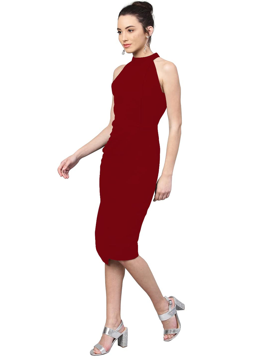 Shasmi WomenS Comfortable Maroon Halter Neck Sleeveless Solid Midi Bodycon Casual Western Stylish Dress For Womens/Midi Dress F