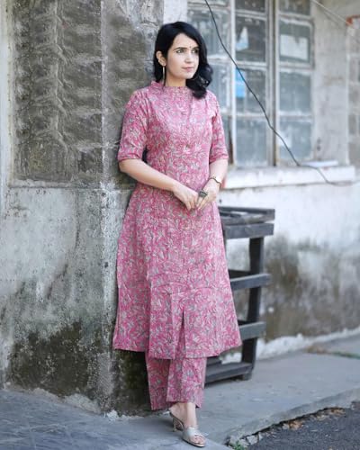 ANNI DESIGNER Womens Rayon Blend Straight Printed Kurta with Pant (Kasit Pink_L_Pink_Large)