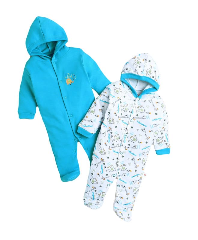 BUMZEE Blue & White Baby Boys Full Sleeves Sleepsuit with Hood Pack of 2 Age - New Born (Peb10018A-blu)
