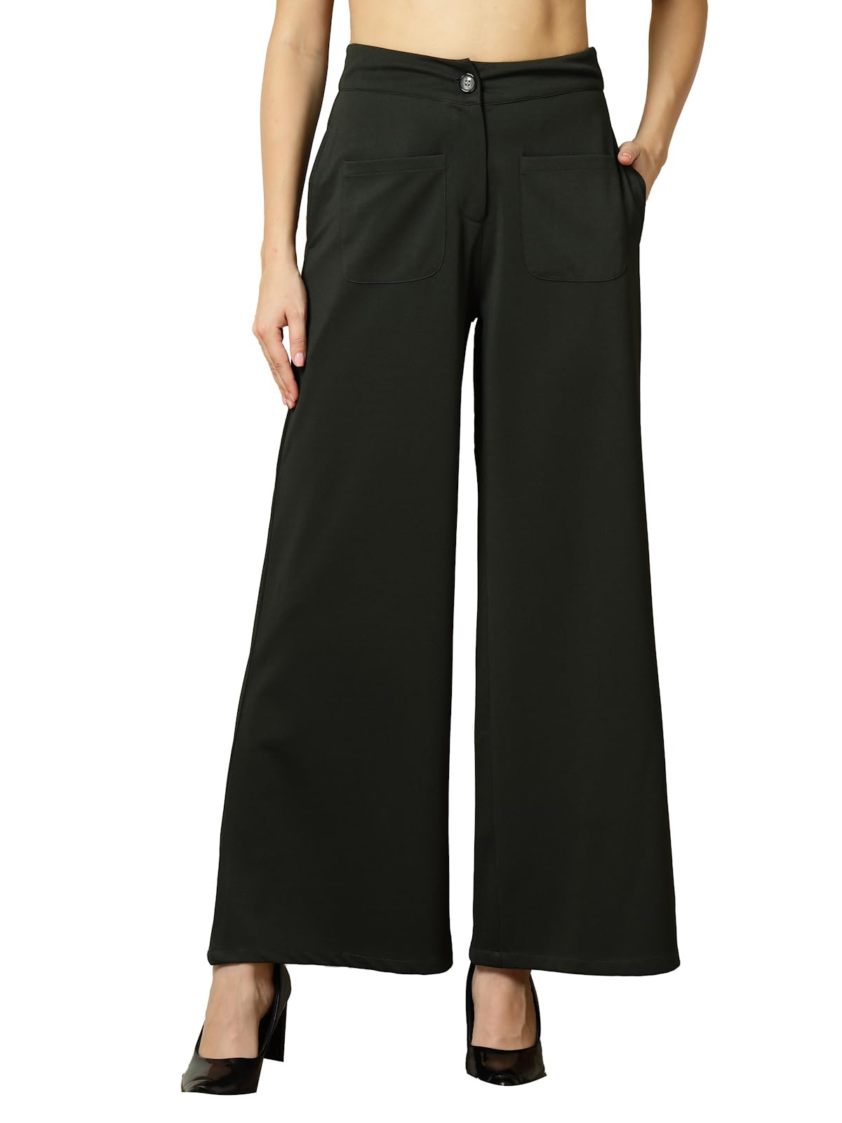 OOMPH! Women Trouser | Wide Leg High Waist Trousers | Solid Formal & Casual Pants with Front Patch Pockets | Officewear, Travel,