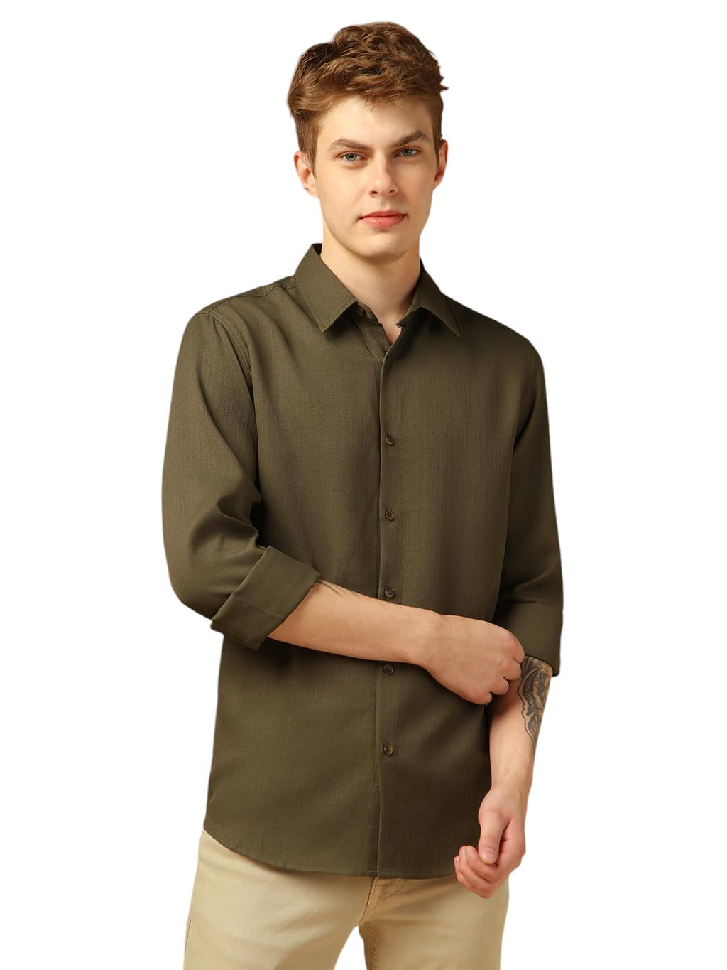 Dennis Lingo Solid Full Sleeves Spread Collar Polyester Regular Fit Men Casual-Shirt Olive