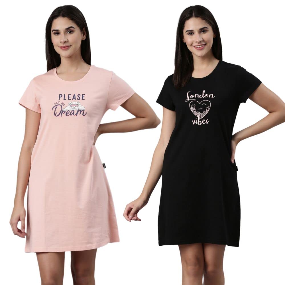 Pepe Jeans Cotton Knee Length Nighty, Nightdress, Gown For Women | Comfortable Soft Printed Sleepwear - Blossom|Black - S (Pack 