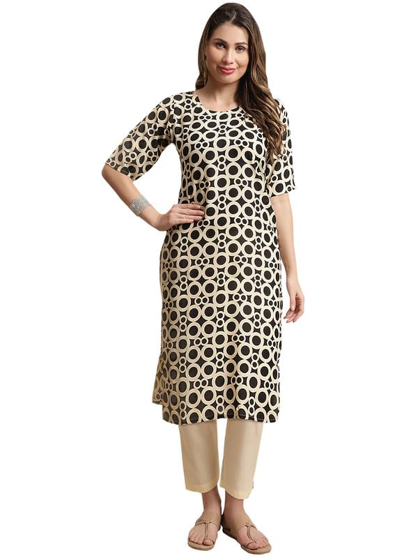 Pinkmint Kurta Set For Women Cotton Printed Knee Length Straight Round Neck Kurti With Pant (Pack Of 1)