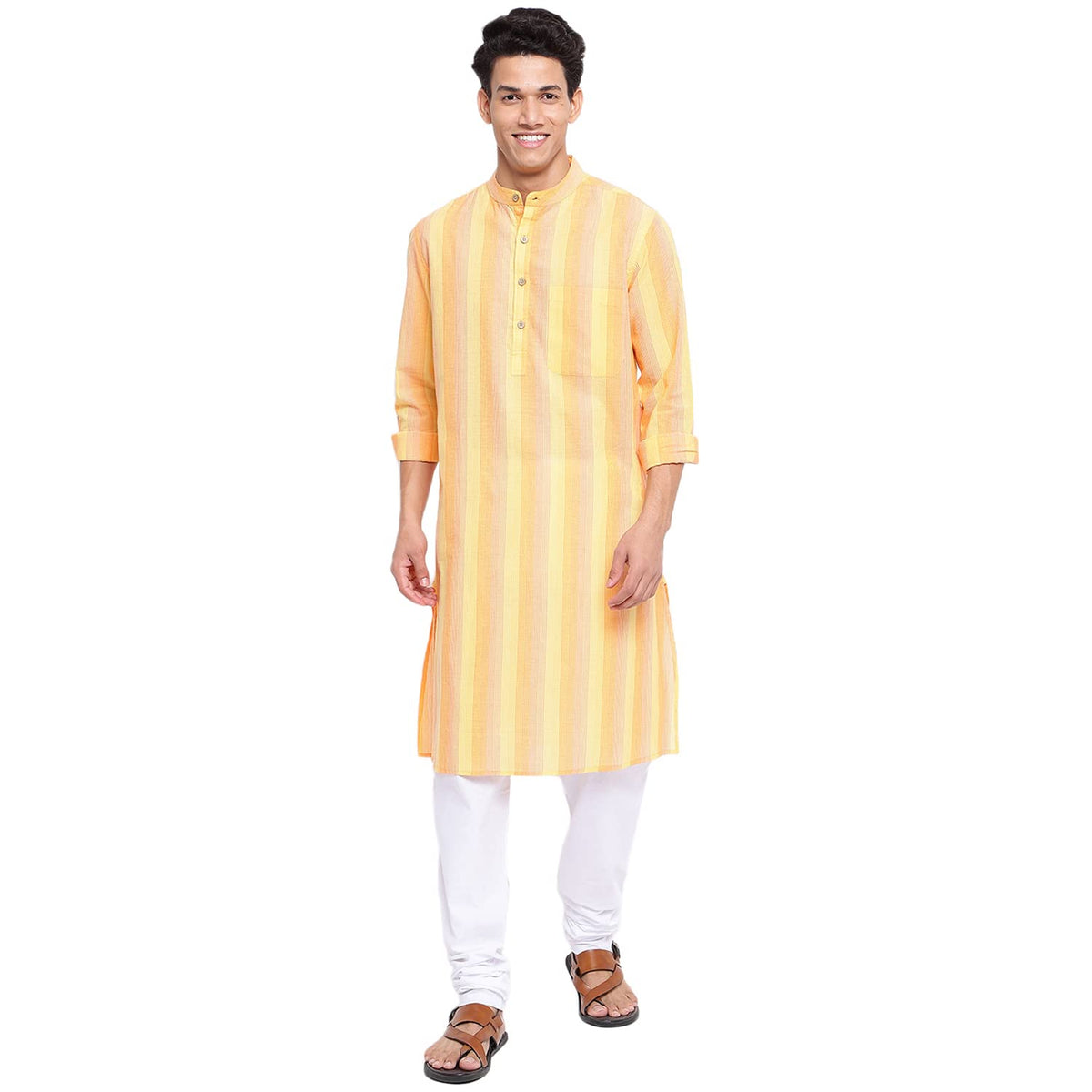 Fabindia Men Chinese Collar Long Kurta Cotton_S Multicolour